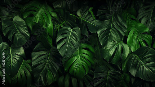 Panorama background of dark green tropical leaves