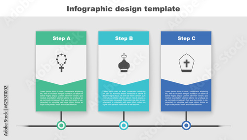 Set Rosary beads religion, Christian church tower and Pope hat. Business infographic template. Vector