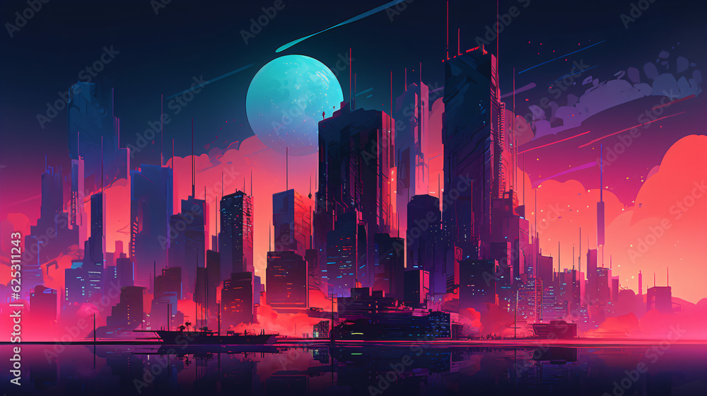 A futuristic blue and pink cityscape with a mesmerizing moon in the background Generative Ai