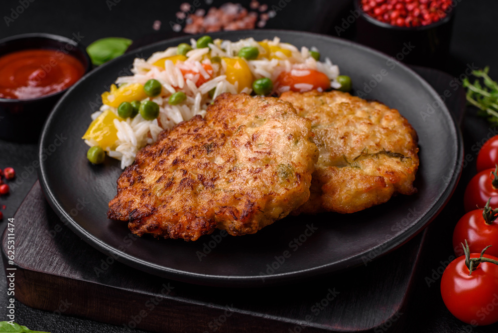 Delicious fresh fried minced chicken meat cutlets with salt, spices and herbs