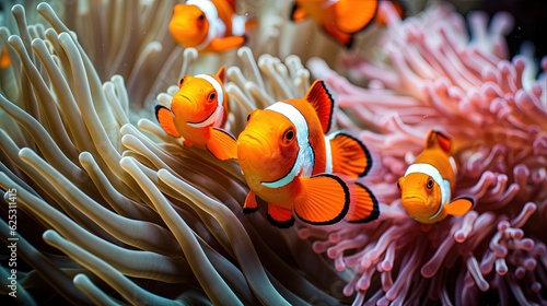 Fotografiet a group of clown fish swimming around anemone in an aquarium