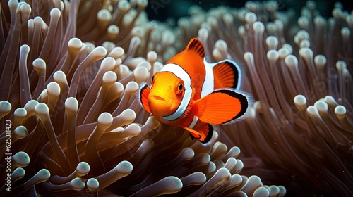  an orange clown fish in an anemone sea anemone. generative ai