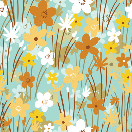 Seamless floral pattern based on traditional folk art ornaments. Colorful flowers on color background. Scandinavian style. Sweden nordic style. Vector illustration. Simple minimalistic pattern