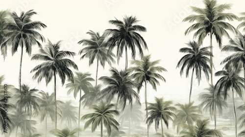  a painting of palm trees in a foggy forest with a sky background. generative ai