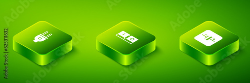 Set Isometric Electric light switch, DC voltage source and plug icon. Vector