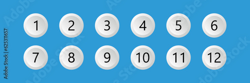 Circle white 3d icon set on blue isolated background with number bullet point from 1 to 12. Vector ilustration.