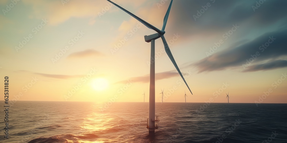 wind turbine at sunset, Offshore Windpark in the sunddown, sunset, European Coastline, Embracing Green Energy Inspiration