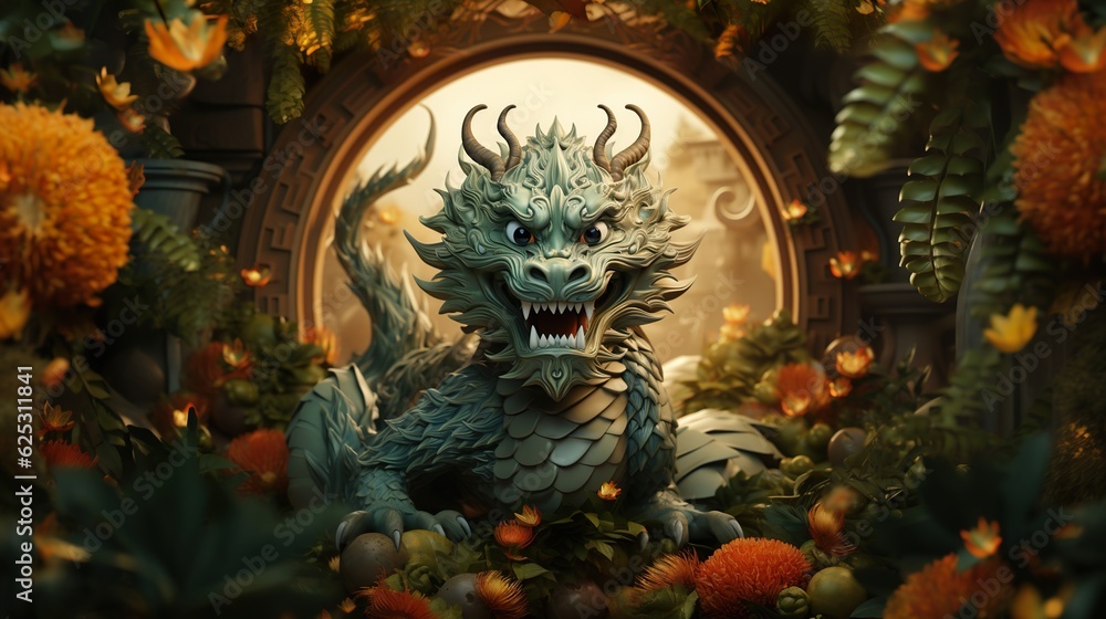 Cute green Chinese dragon Generative AI Cute green Chinese dragon Generative AI