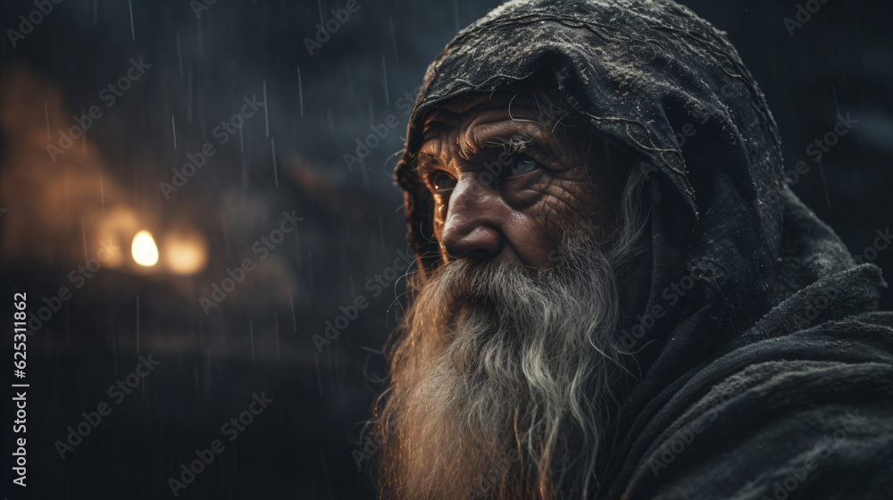 An elderly man with a long beard and a hooded jacket under the rain Generative Ai