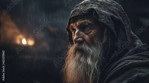 An elderly man with a long beard and a hooded jacket under the rain Generative Ai