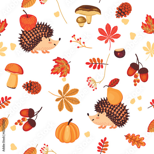 Autumn seasonal background with hedgehogs and mushrooms.Seamless pattern with pine cones, acorns and falling leaves.Organic colorful print with cartoon animals and fruits.Vector illustration on white.
