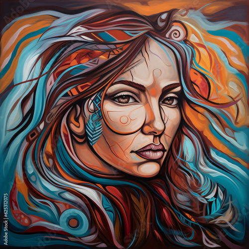 A beautiful colorful painting of a woman with flowing long hair Generative Ai