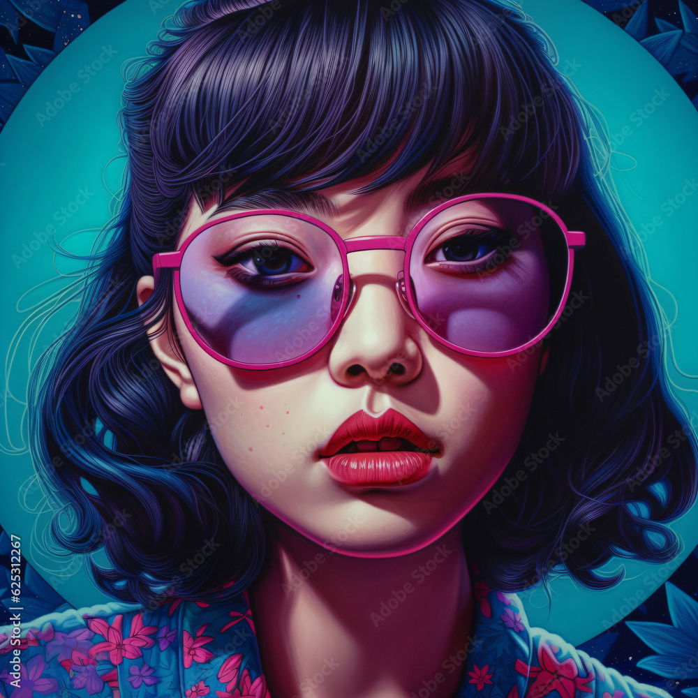 A digital painting of an asian girl with pink glasses posing for a painting Generative Ai