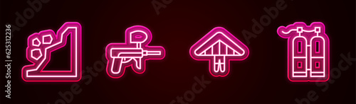 Set line Landslide, Paintball gun, Hang glider and Aqualung. Glowing neon icon. Vector