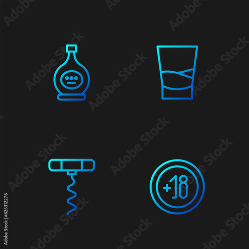 Set line Alcohol 18 plus, Wine corkscrew, Bottle of cognac brandy and Glass vodka. Gradient color icons. Vector