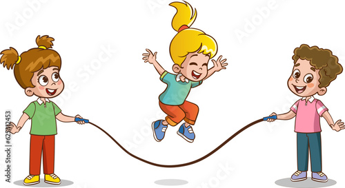 happy cute kids boy and girls play jump rope