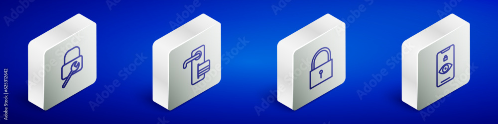 Set Isometric line Lock repair, Digital door lock, and Eye scan icon. Vector Set Isometric line Lock repair, Digital door lock, and Eye scan icon. Vector