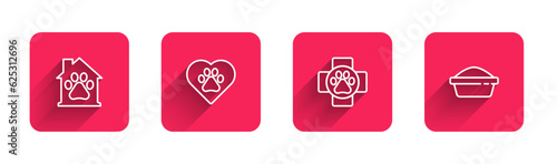 Set line Pet house, Heart with animals footprint, Veterinary clinic and food bowl with long shadow. Red square button. Vector