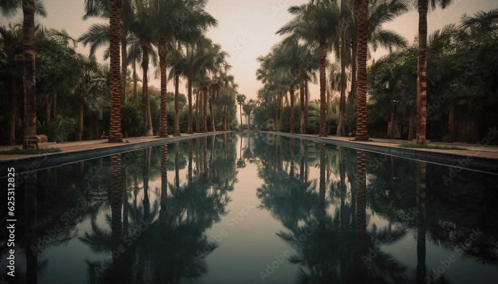 Tranquil scene of tropical palm trees by the swimming pool generated by AI