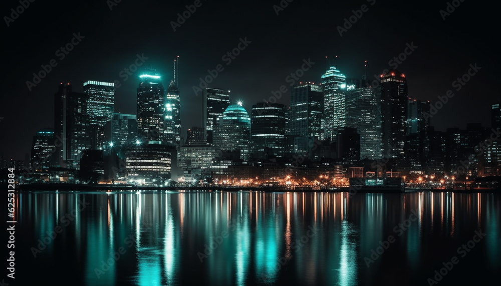 Naklejka premium Illuminated skyscrapers reflect on the water in the modern cityscape generated by AI