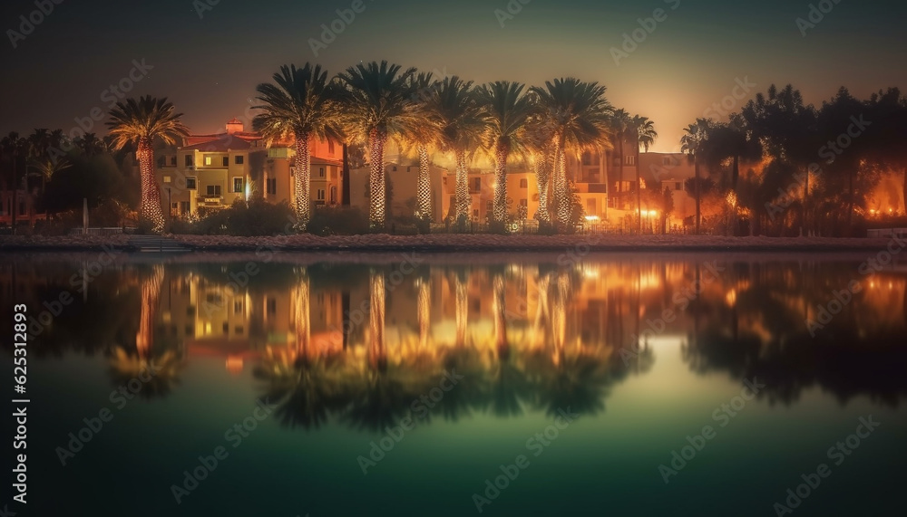 Tranquil scene of palm trees and sunset reflected in water generated by AI