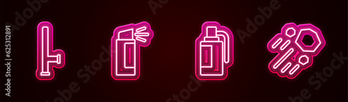 Set line Police rubber baton, Pepper spray, Hand grenade and Flying stone. Glowing neon icon. Vector