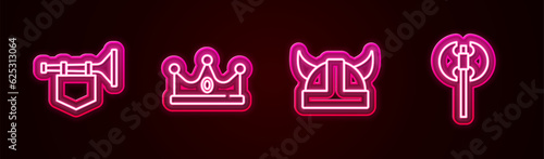 Set line Trumpet with flag, King crown, Viking horned helmet and Medieval axe. Glowing neon icon. Vector