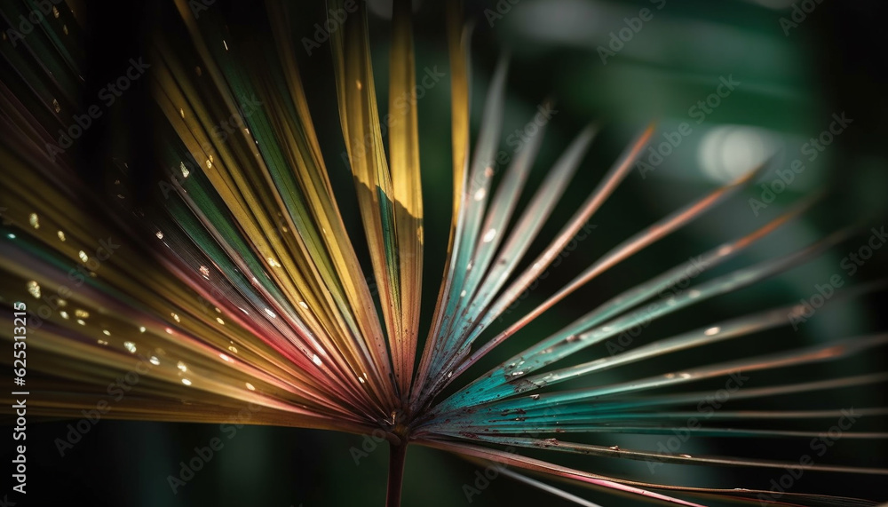 Obraz premium Vibrant green palm tree branch in defocused forest backdrop generated by AI