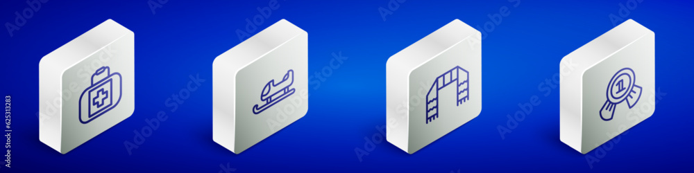 Set Isometric line First aid kit, Sled, Winter scarf and Medal icon. Vector Set Isometric line First aid kit, Sled, Winter scarf and Medal icon. Vector