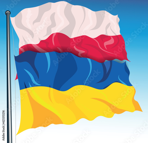 Ukrainian and Polish waving flags on flagstock. patriotic background of partnership country Poland and Ukraine	 photo