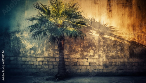 Ancient architecture  rusty walls  palm trees  and tropical sunset backdrop generated by AI