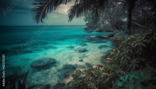 Tropical palm trees sway in the turquoise waters at sunset generated by AI
