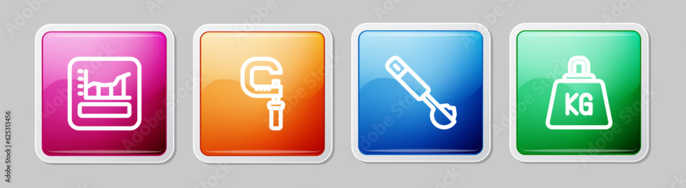 Set line Graph, schedule, chart, diagram, Micrometer, Measuring spoon and Weight. Colorful square button. Vector Set line Graph, schedule, chart, diagram, Micrometer, Measuring spoon and Weight. Colorful square button. Vector