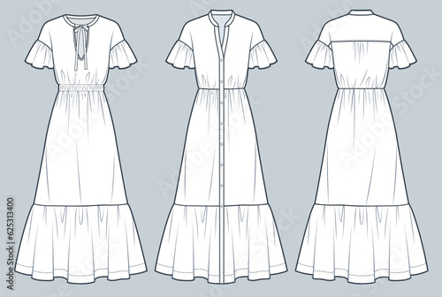 Set of Tiered Dress technical fashion illustration. Flounce Sleeve Dress fashion flat technical drawing template, relaxed fit, maxi length, front and back view, white, women CAD mockup set.