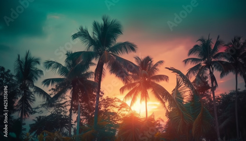 Tranquil sunset over tropical palm tree coastline, nature beauty showcased generated by AI