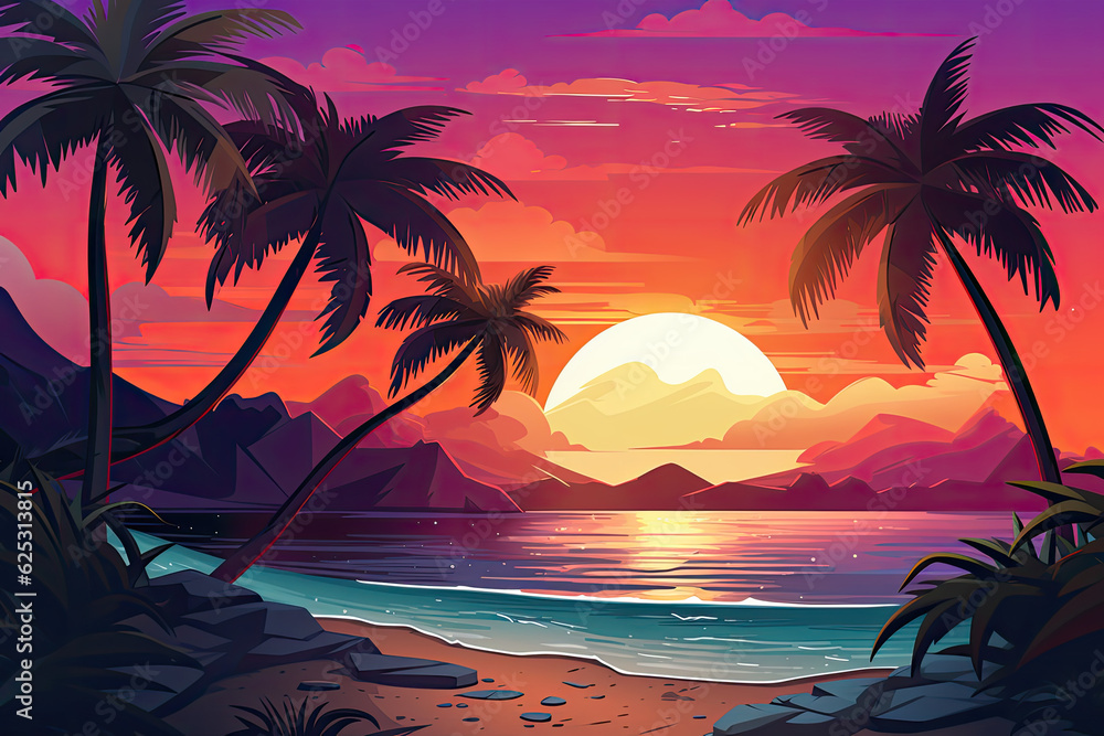 Cartoon Style Tropical Island Palm trees Backdrop for ad copy