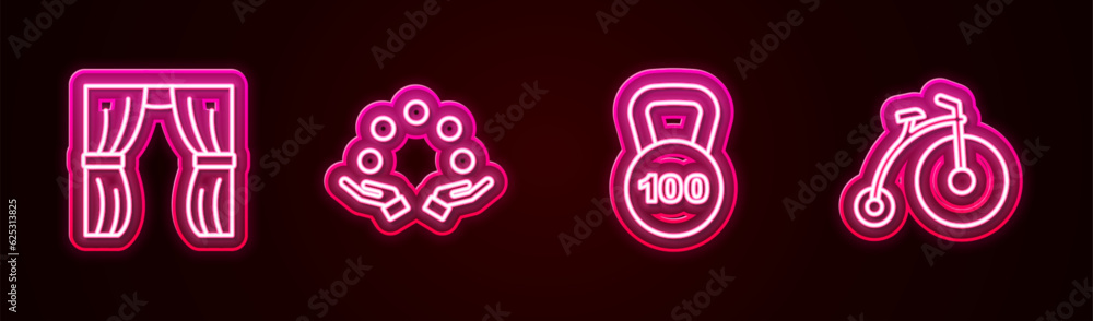 Set line Circus curtain raises, Juggling ball, Weight and Vintage bicycle. Glowing neon icon. Vector Set line Circus curtain raises, Juggling ball, Weight and Vintage bicycle. Glowing neon icon. Vector