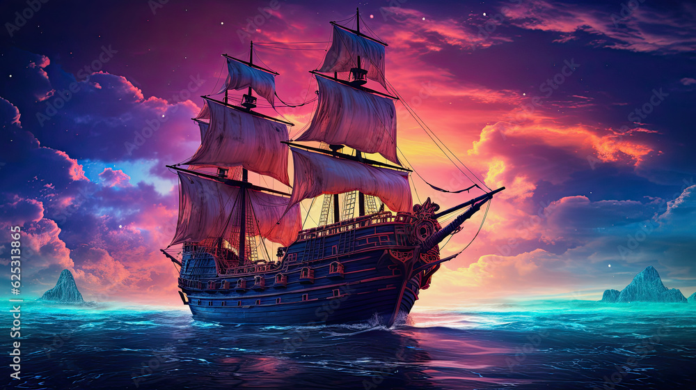 ai generative fantasy illustration of pirate ship in the ocean, in the background colorful galactic sky