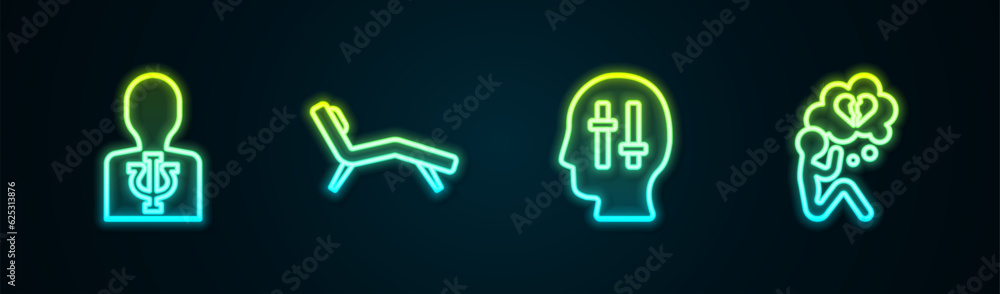 Set line Psychology, Psi, Armchair, Solution to the problem and Broken heart or divorce. Glowing neon icon. Vector Set line Psychology, Psi, Armchair, Solution to the problem and Broken heart or divorce. Glowing neon icon. Vector