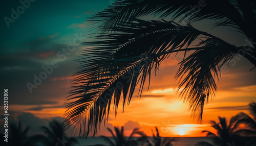 Vibrant sunset silhouettes palm tree against blue sky, tropical paradise generated by AI