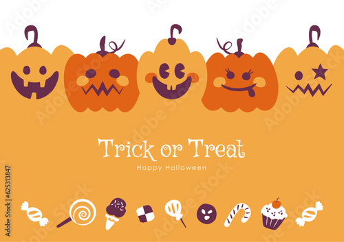 ハロウィンとお菓子の背景イラスト シンプルでポップなかぼちゃオバケ