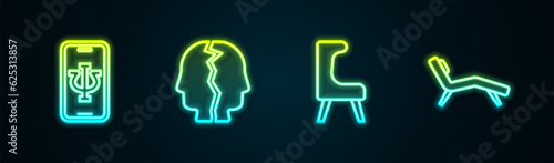 Set line Psychologist online, Bipolar disorder, Armchair and . Glowing neon icon. Vector