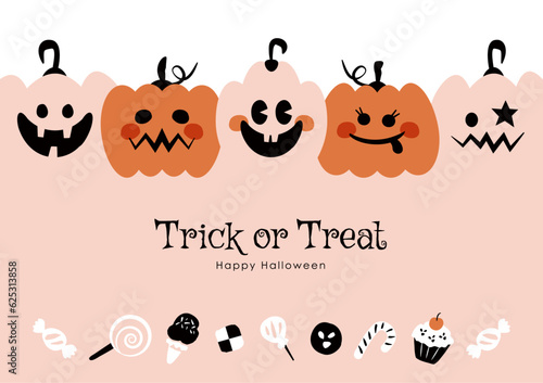 ハロウィンとお菓子の背景イラスト シンプルでポップなかぼちゃオバケ