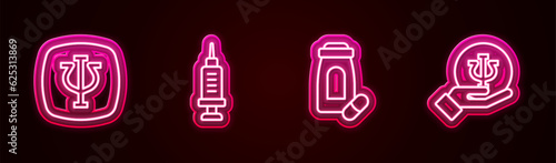 Set line Psychology, Psi, Addiction to the drug, Sedative pills and . Glowing neon icon. Vector