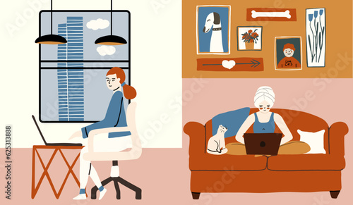 The concept of hybrid work. The trend towards remote professional activity. The girl works at home remotely and in the office..Vector illustration in hand drawn style.