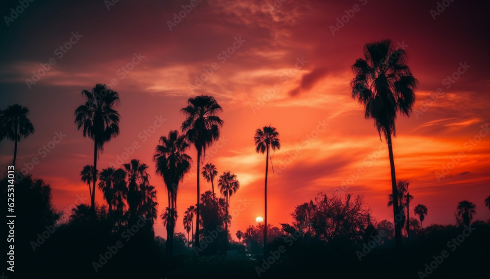 Idyllic palm tree silhouette against vibrant Caribbean sunset seascape generated by AI