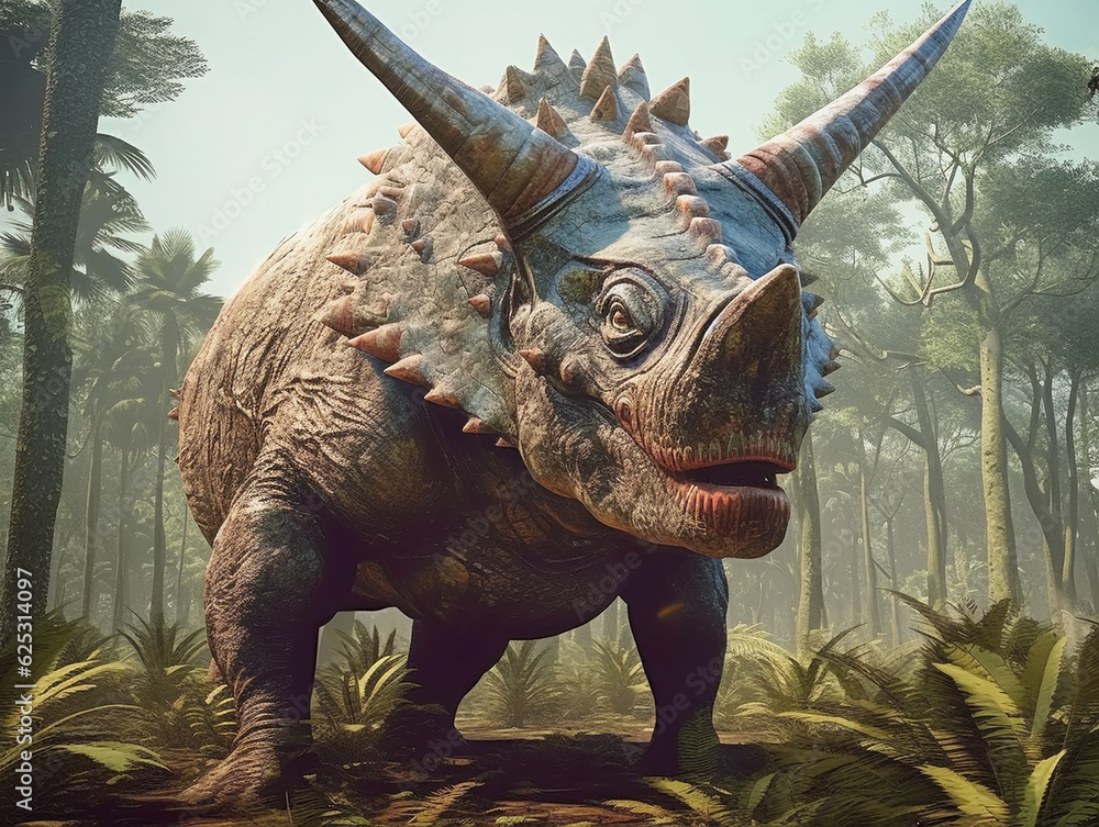 Fototapeta premium Prehistoric triceratops dinosaur in wild nature, jungle, Generative AI