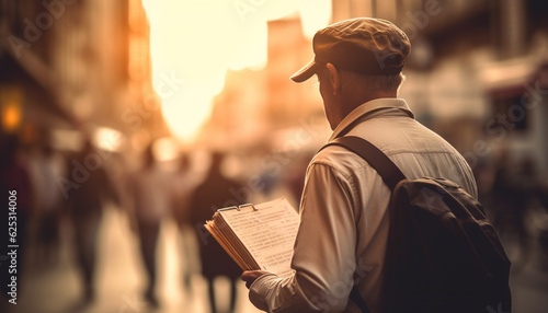 Young adult male tourist reading book, standing outdoors at sunset generated by AI