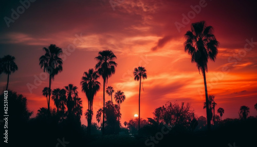 Idyllic palm tree silhouette against vibrant Caribbean sunset seascape generated by AI