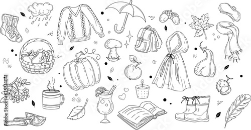 Set on the theme of autumn in the style of black and white doodle. Vector image by September 1 for flyers, banners, covers